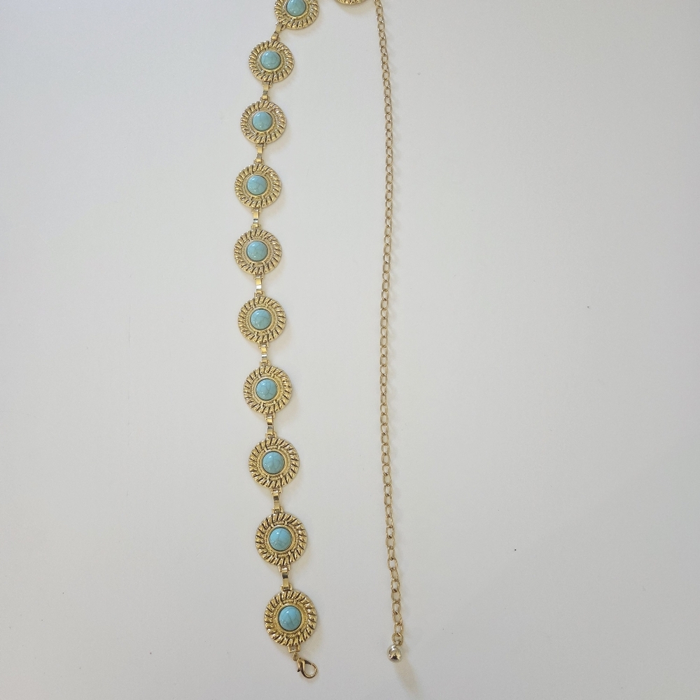 Circular Textured Gold and Turquoise Chain Belt - Picture 8 of 8